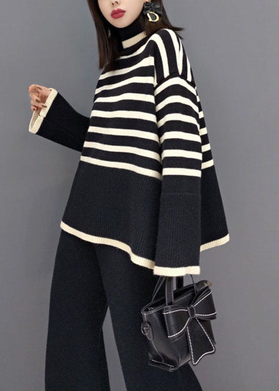 Beautiful Black Turtle Neck Striped Knit Two Piece Suit Set Spring Beautiful Black Turtle Neck Striped Knit Two Piece Suit Set Spring