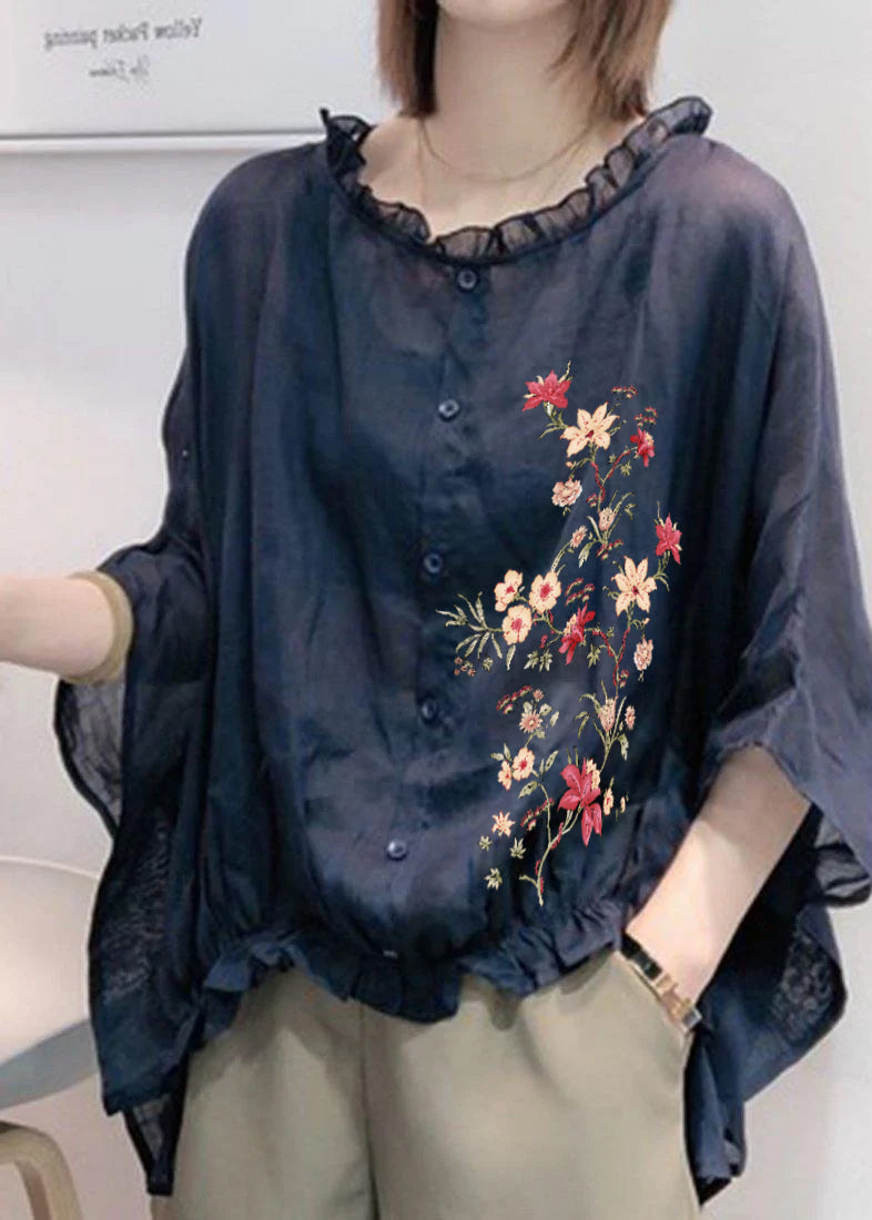 Art Navy Tops Ruffles Trim Half Sleeve Shirts Blouse Plus Size Art Navy Tops Ruffles Trim Half Sleeve Shirts Blouse Plus Size