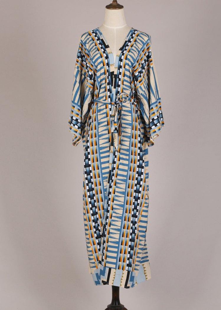 Bohemian Blue Geometric Print Long sleeve kimono robe Mid Summer Cotton