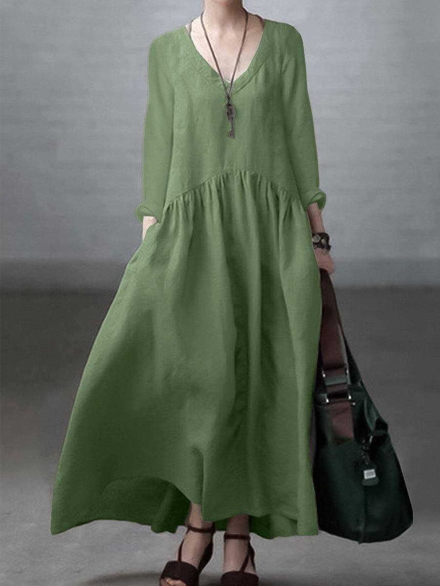 Simple and Loose V-neck Cotton and Linen Dress Simple and Loose V-neck Cotton and Linen Dress