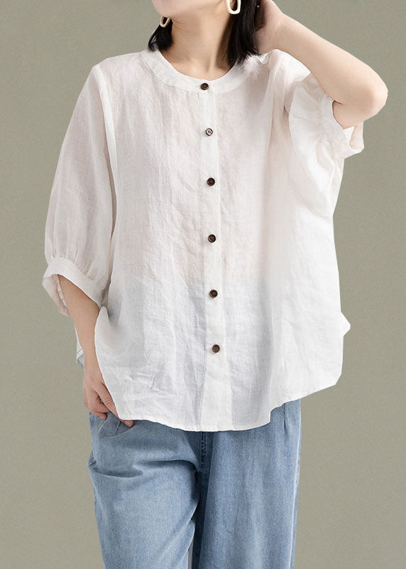 Art Red O-Neck Button Linen Loose Shirt Top Lantern Sleeve Art Red O-Neck Button Linen Loose Shirt Top Lantern Sleeve