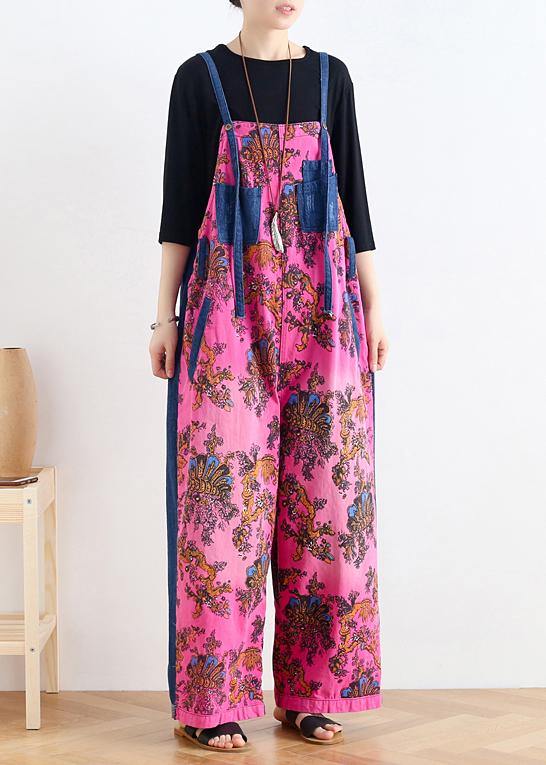 2025 retro national style rose printed loose denim overalls 2025 retro national style rose printed loose denim overalls