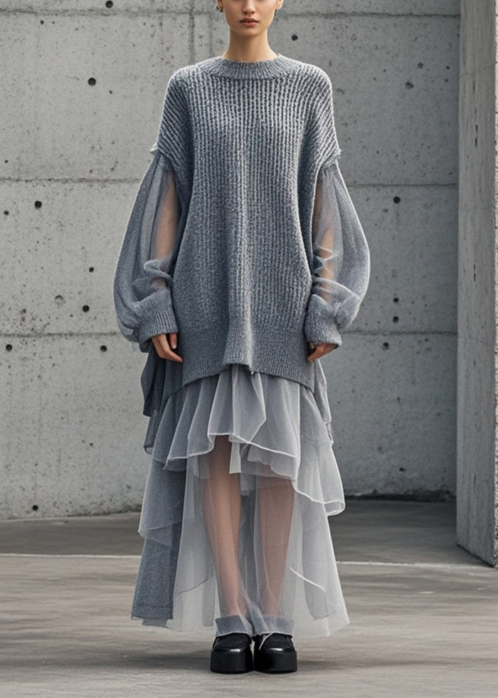 Bohemian Grey Oversized Patchwork Tulle Sweater Dress Fall Bohemian Grey Oversized Patchwork Tulle Sweater Dress Fall
