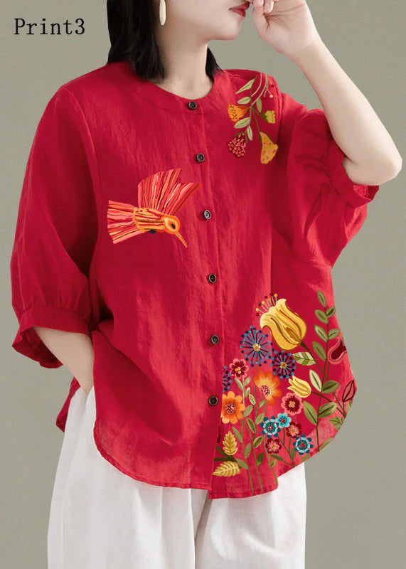 Art Red O-Neck Button Linen Loose Shirt Top Lantern Sleeve Art Red O-Neck Button Linen Loose Shirt Top Lantern Sleeve