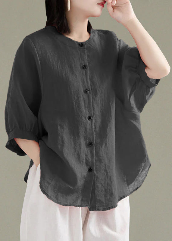 Art Red O-Neck Button Linen Loose Shirt Top Lantern Sleeve Art Red O-Neck Button Linen Loose Shirt Top Lantern Sleeve