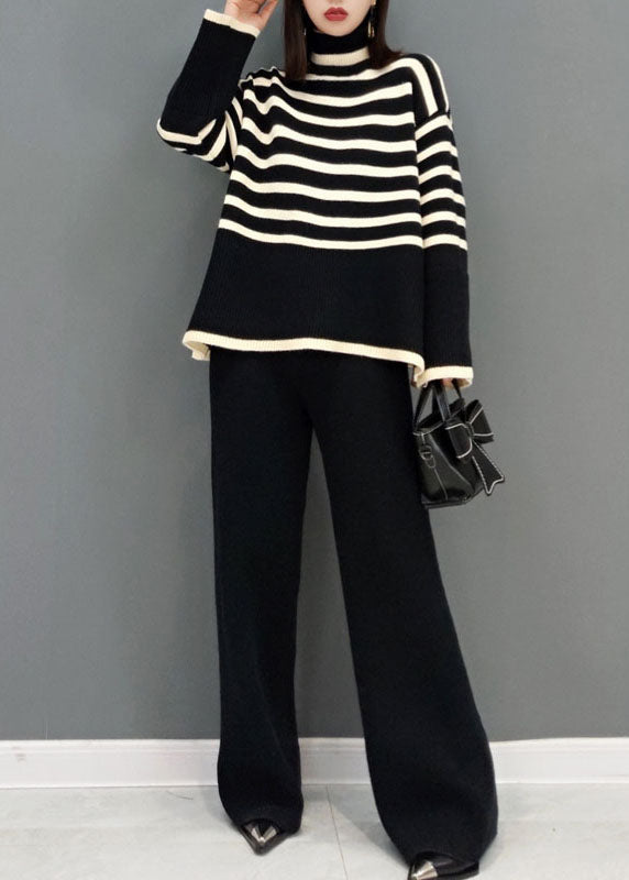 Beautiful Black Turtle Neck Striped Knit Two Piece Suit Set Spring Beautiful Black Turtle Neck Striped Knit Two Piece Suit Set Spring