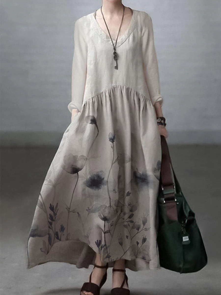 Simple and Loose V-neck Cotton and Linen Dress Simple and Loose V-neck Cotton and Linen Dress