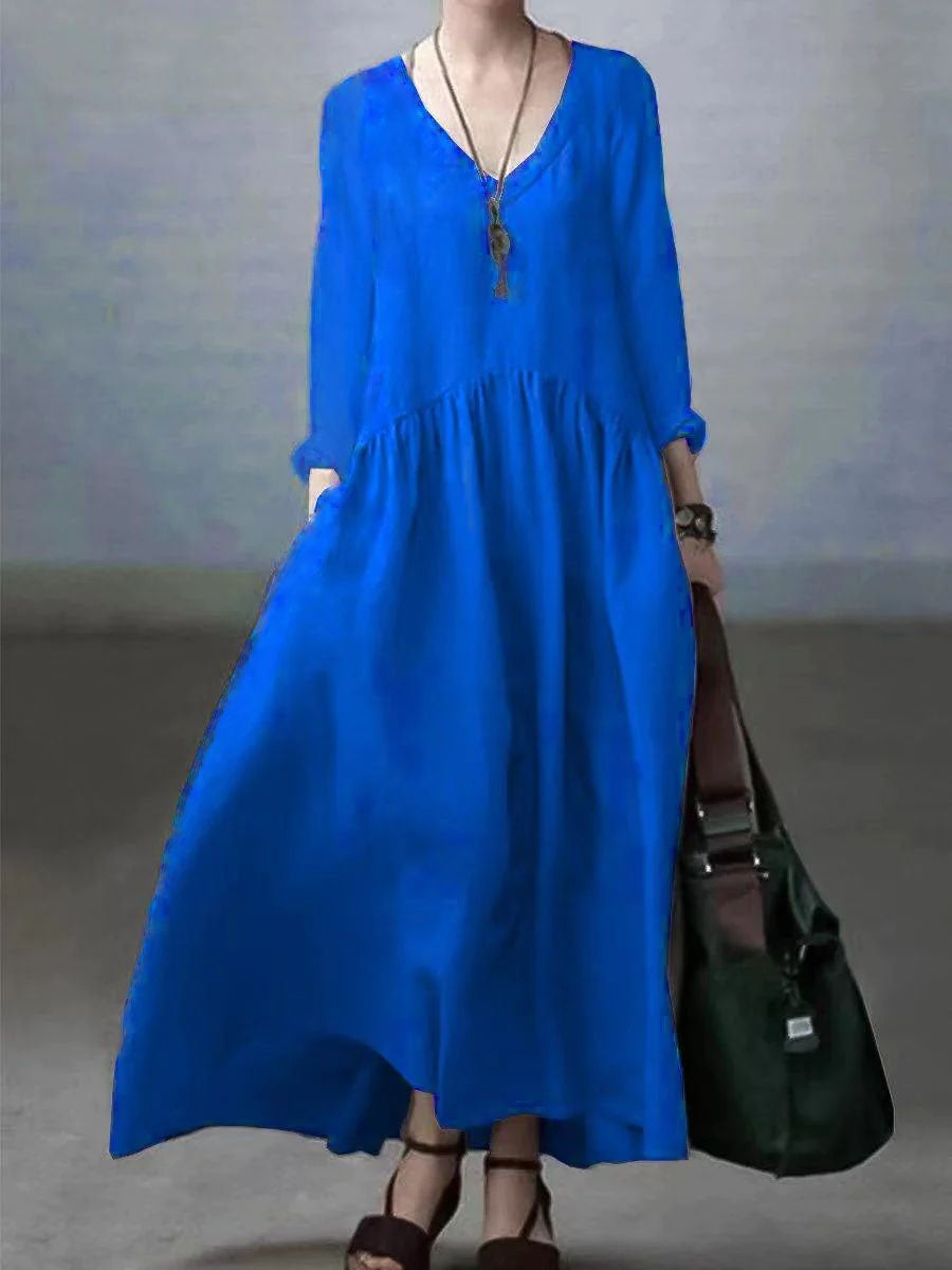 Simple and Loose V-neck Cotton and Linen Dress Simple and Loose V-neck Cotton and Linen Dress