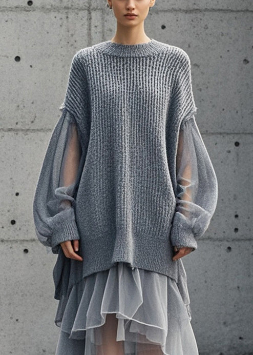 Bohemian Grey Oversized Patchwork Tulle Sweater Dress Fall Bohemian Grey Oversized Patchwork Tulle Sweater Dress Fall