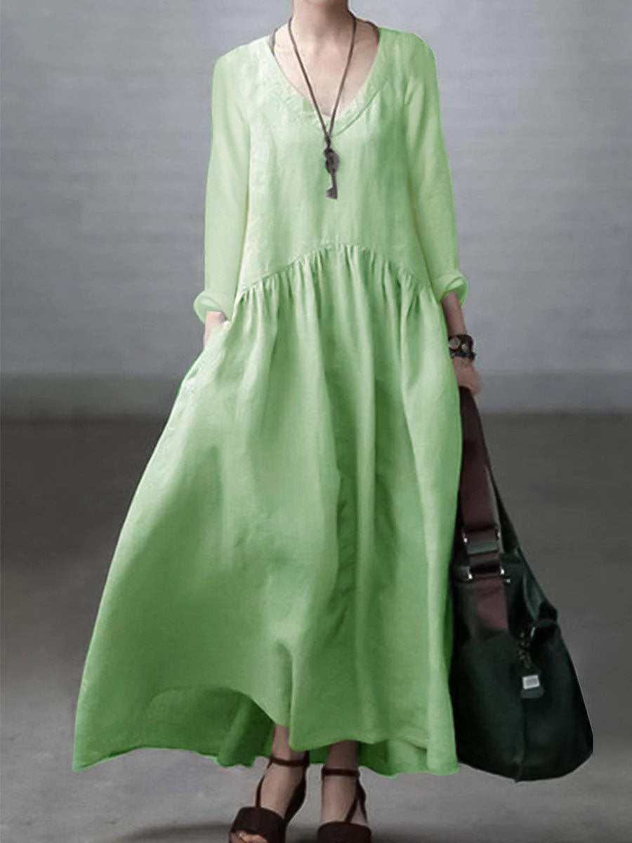 Simple and Loose V-neck Cotton and Linen Dress Simple and Loose V-neck Cotton and Linen Dress