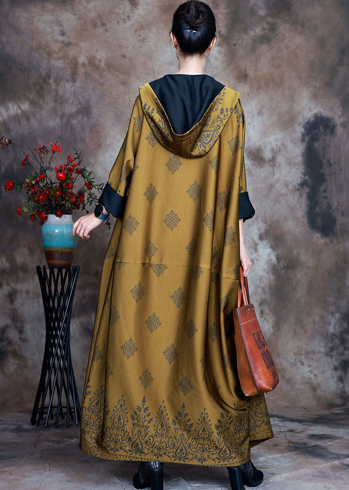 Beautiful Yellow Hooded Print Satin trench coats Spring Beautiful Yellow Hooded Print Satin trench coats Spring