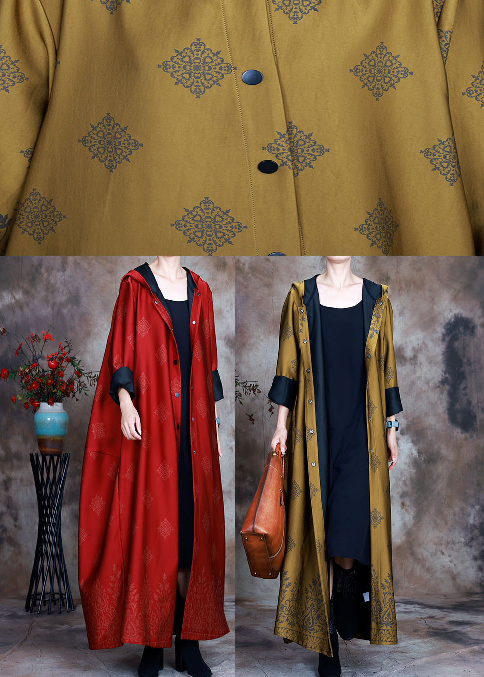 Beautiful Yellow Hooded Print Satin trench coats Spring Beautiful Yellow Hooded Print Satin trench coats Spring