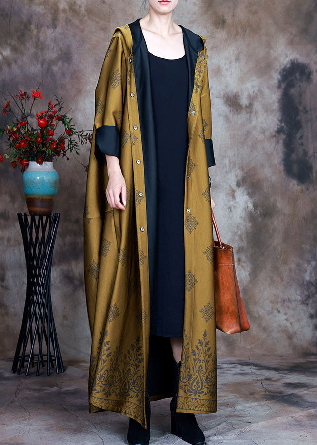 Beautiful Yellow Hooded Print Satin trench coats Spring Beautiful Yellow Hooded Print Satin trench coats Spring