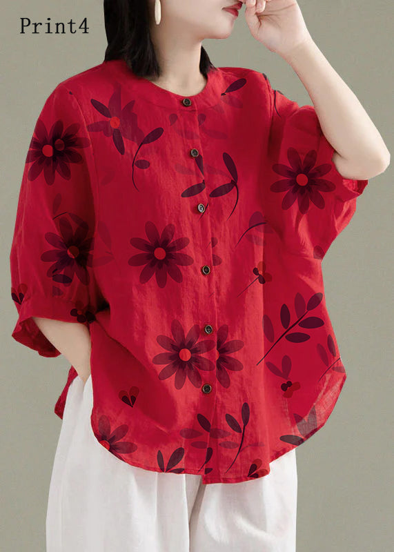 Art Red O-Neck Button Linen Loose Shirt Top Lantern Sleeve Art Red O-Neck Button Linen Loose Shirt Top Lantern Sleeve