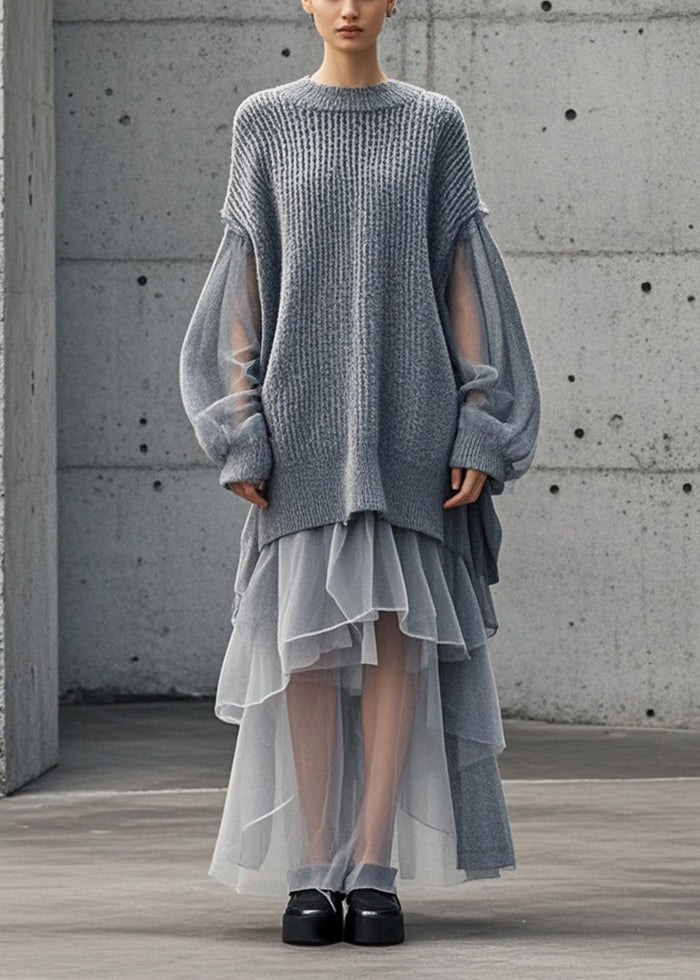 Bohemian Grey Oversized Patchwork Tulle Sweater Dress Fall Bohemian Grey Oversized Patchwork Tulle Sweater Dress Fall