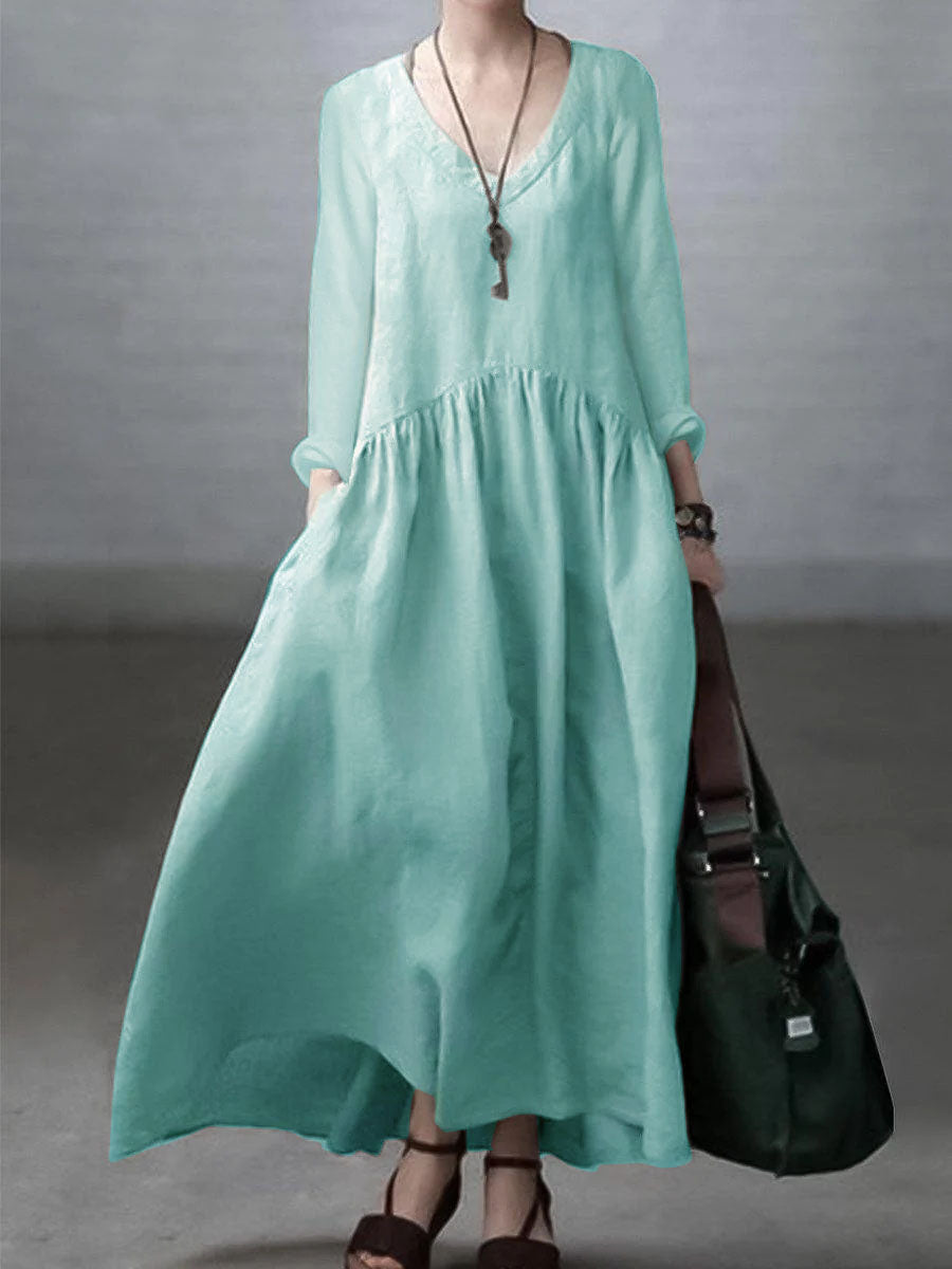 Simple and Loose V-neck Cotton and Linen Dress Simple and Loose V-neck Cotton and Linen Dress