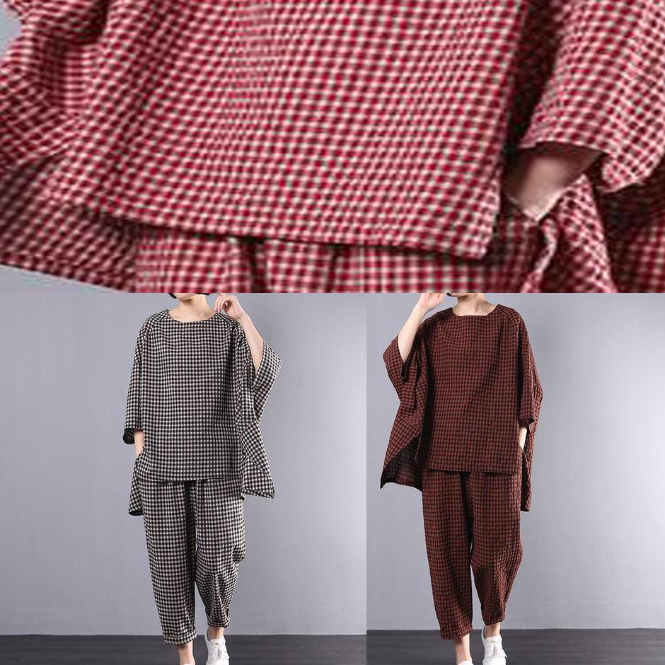 Chic pattern stylish Cotton Linen gray Plaid Vintage Blouse And Pants