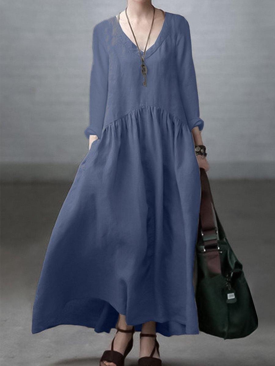 Simple and Loose V-neck Cotton and Linen Dress Simple and Loose V-neck Cotton and Linen Dress