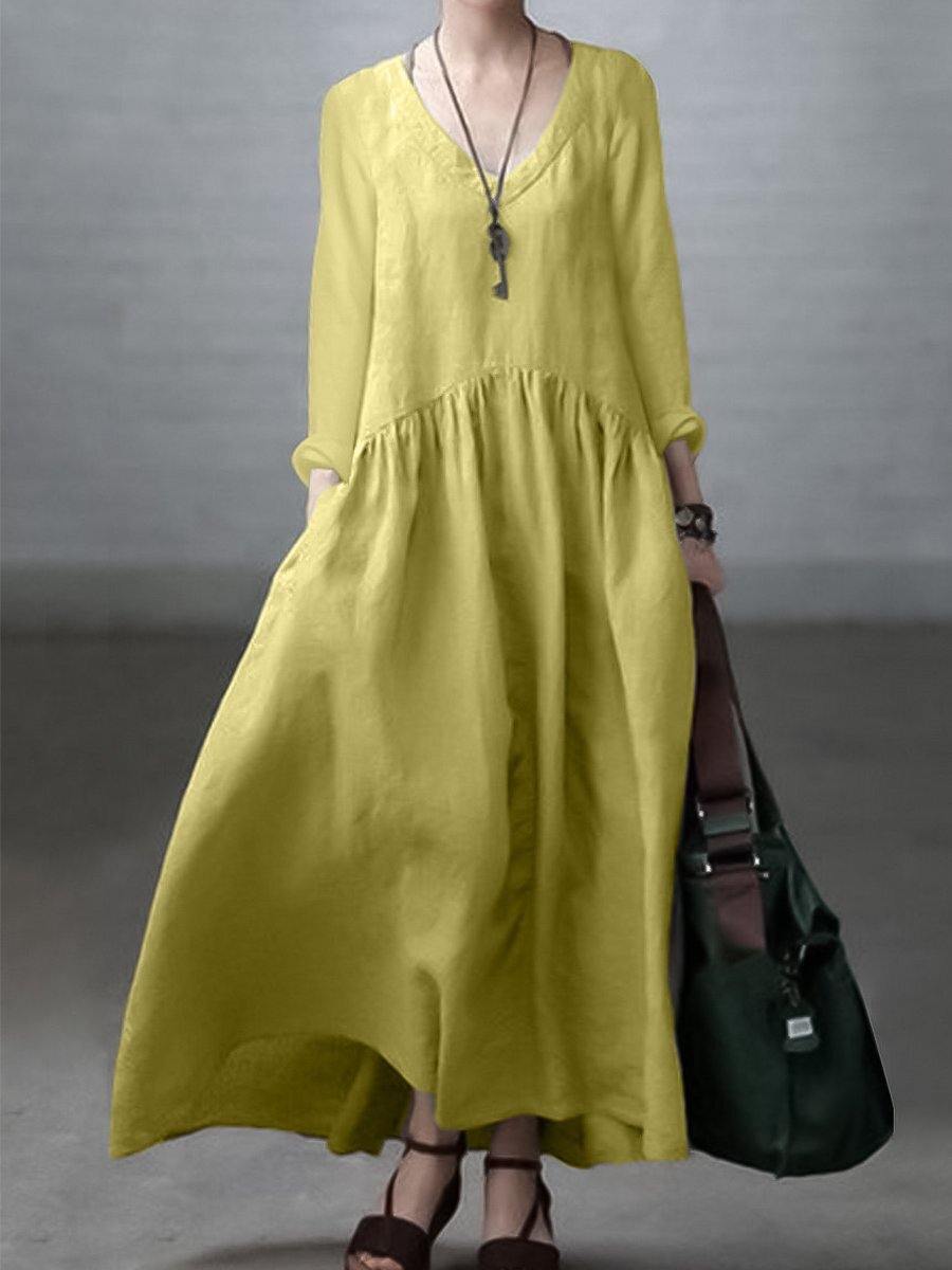 Simple and Loose V-neck Cotton and Linen Dress Simple and Loose V-neck Cotton and Linen Dress