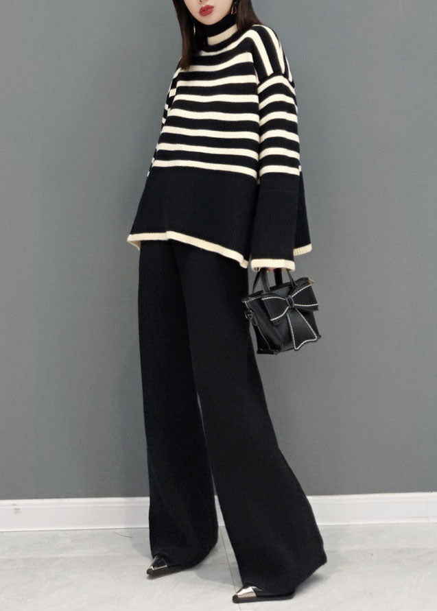 Beautiful Black Turtle Neck Striped Knit Two Piece Suit Set Spring Beautiful Black Turtle Neck Striped Knit Two Piece Suit Set Spring