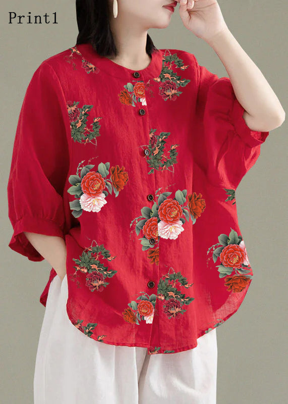 Art Red O-Neck Button Linen Loose Shirt Top Lantern Sleeve Art Red O-Neck Button Linen Loose Shirt Top Lantern Sleeve