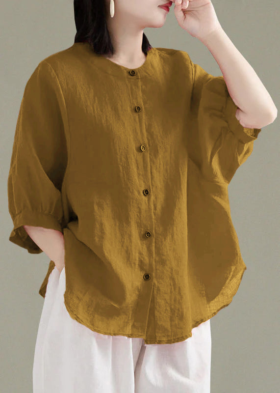 Art Red O-Neck Button Linen Loose Shirt Top Lantern Sleeve Art Red O-Neck Button Linen Loose Shirt Top Lantern Sleeve