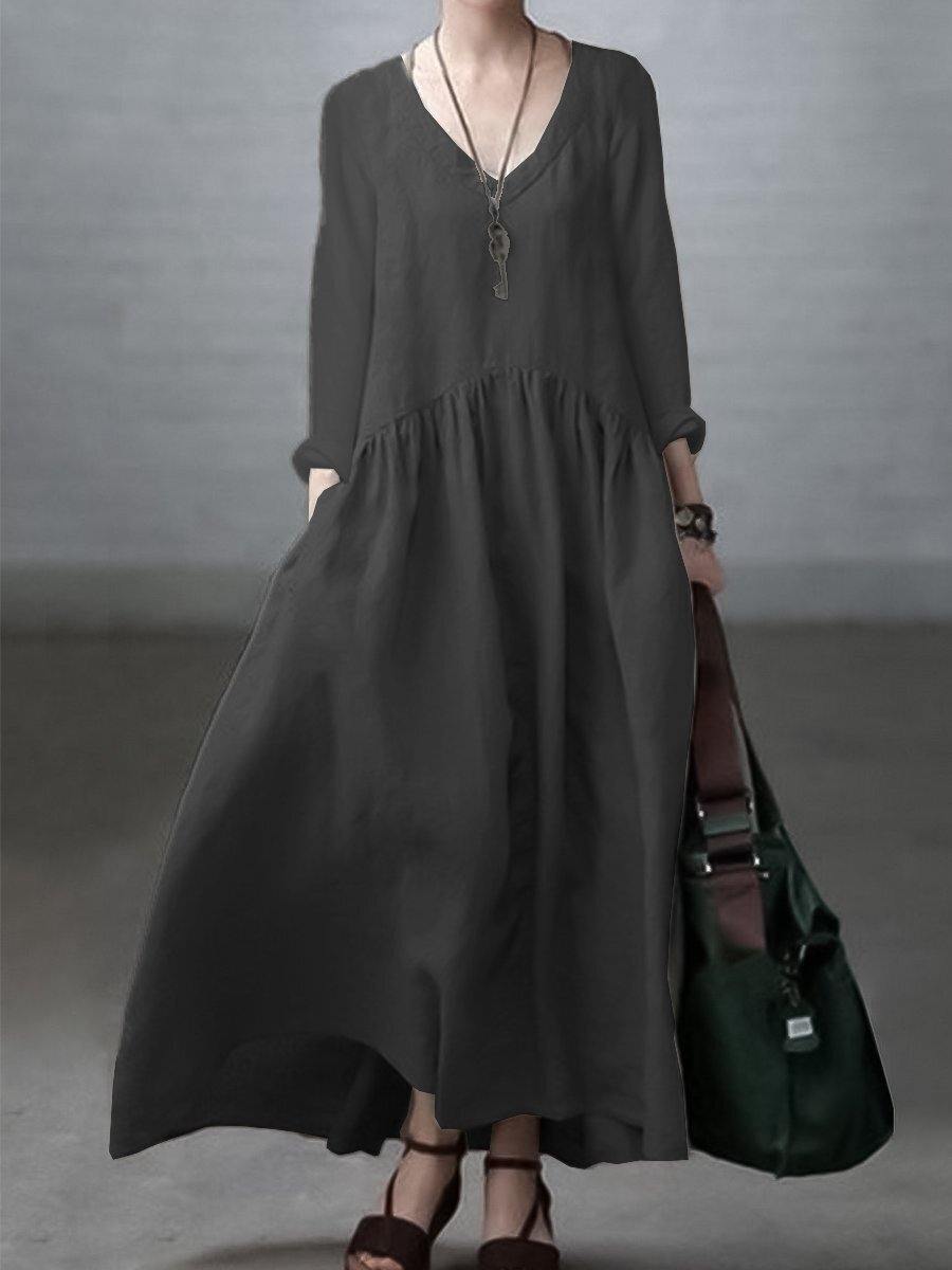 Simple and Loose V-neck Cotton and Linen Dress Simple and Loose V-neck Cotton and Linen Dress