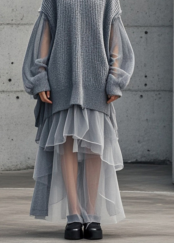 Bohemian Grey Oversized Patchwork Tulle Sweater Dress Fall Bohemian Grey Oversized Patchwork Tulle Sweater Dress Fall