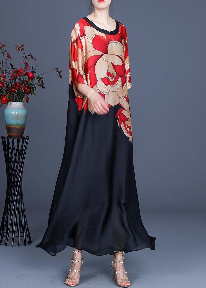 Plus Size Red Print O-Neck Chiffon Summer Dress
