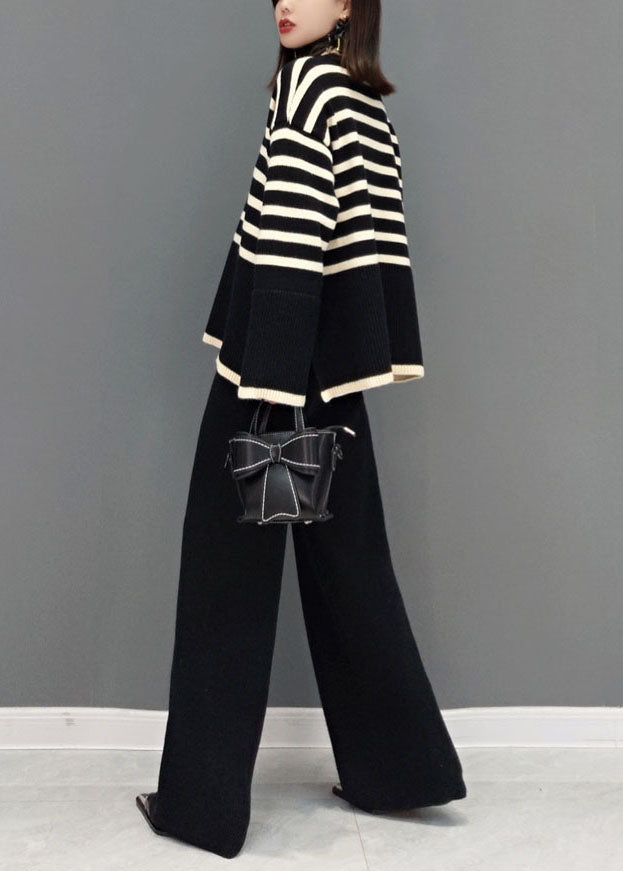Beautiful Black Turtle Neck Striped Knit Two Piece Suit Set Spring Beautiful Black Turtle Neck Striped Knit Two Piece Suit Set Spring