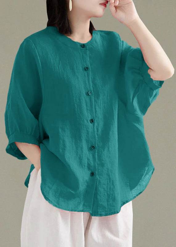 Art Red O-Neck Button Linen Loose Shirt Top Lantern Sleeve Art Red O-Neck Button Linen Loose Shirt Top Lantern Sleeve