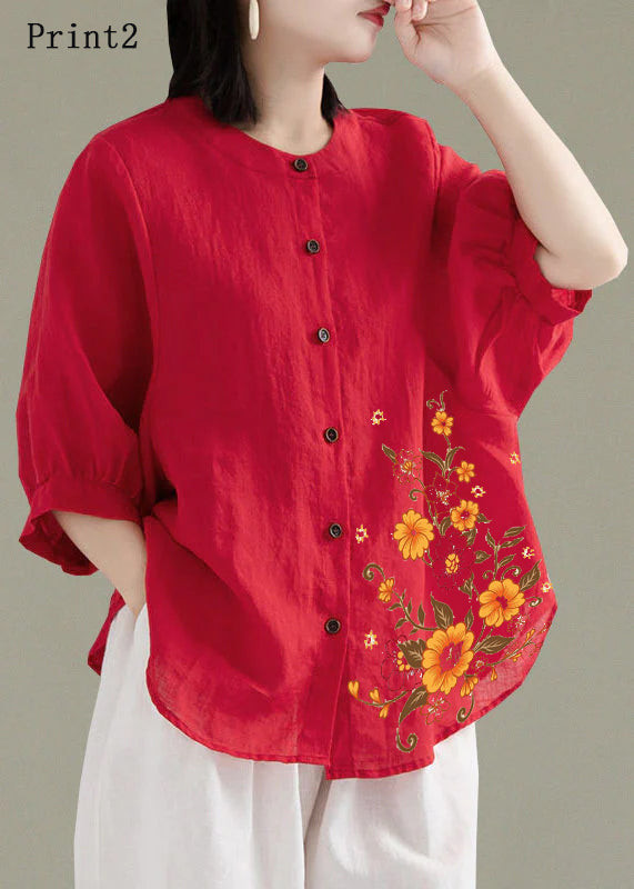 Art Red O-Neck Button Linen Loose Shirt Top Lantern Sleeve Art Red O-Neck Button Linen Loose Shirt Top Lantern Sleeve