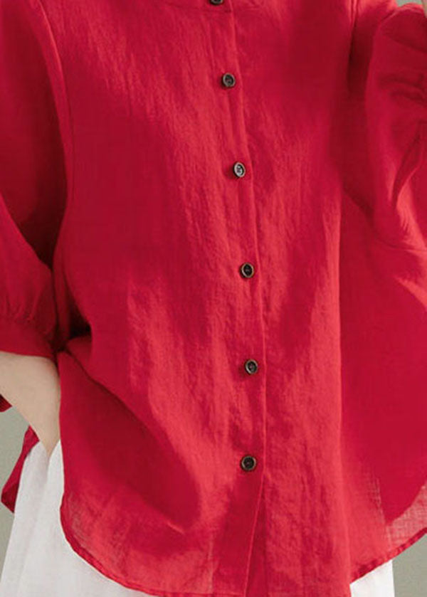 Art Red O-Neck Button Linen Loose Shirt Top Lantern Sleeve Art Red O-Neck Button Linen Loose Shirt Top Lantern Sleeve