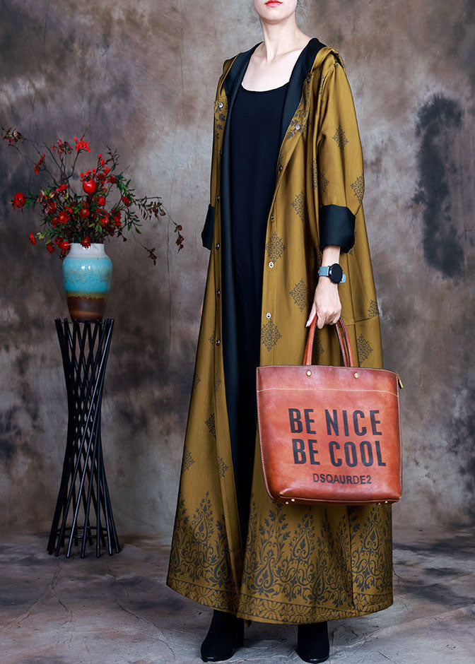 Beautiful Yellow Hooded Print Satin trench coats Spring Beautiful Yellow Hooded Print Satin trench coats Spring