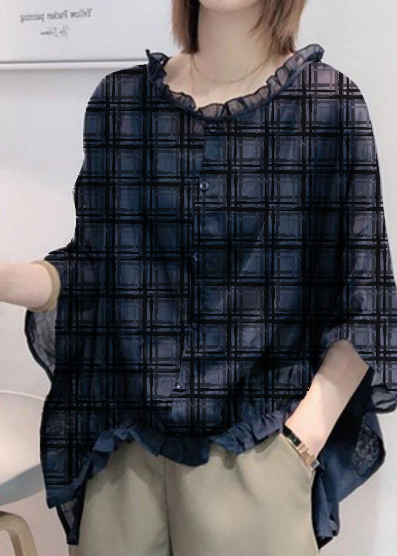 Art Navy Tops Ruffles Trim Half Sleeve Shirts Blouse Plus Size Art Navy Tops Ruffles Trim Half Sleeve Shirts Blouse Plus Size