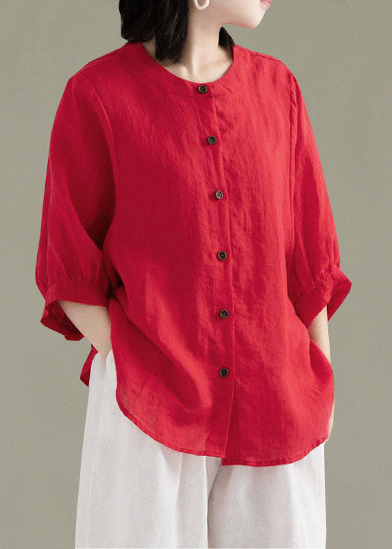 Art Red O-Neck Button Linen Loose Shirt Top Lantern Sleeve Art Red O-Neck Button Linen Loose Shirt Top Lantern Sleeve