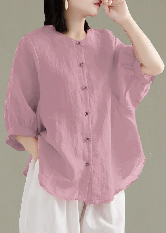 Art Red O-Neck Button Linen Loose Shirt Top Lantern Sleeve Art Red O-Neck Button Linen Loose Shirt Top Lantern Sleeve
